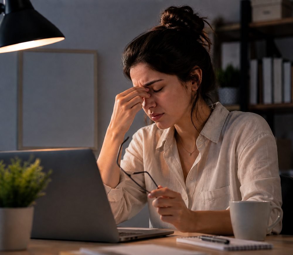 A woman at her desk late at night, lit only by a lamp and a laptop screen