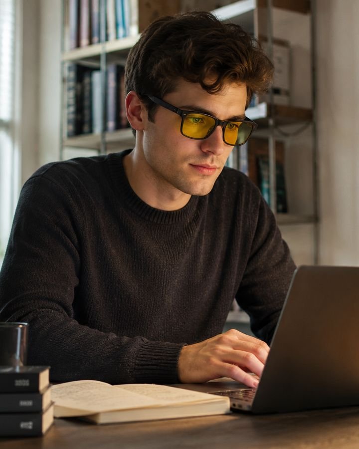 A man working at a laptop by a bright window, wearing the amber-lensed glasses