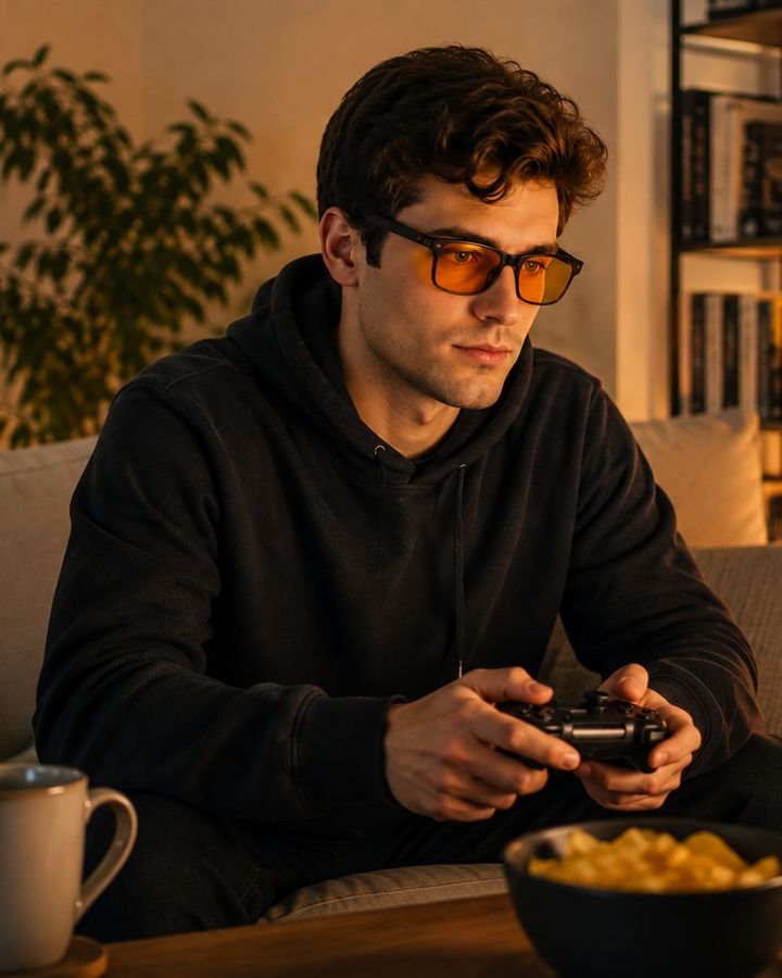 A man on a couch playing a console game in a warmly lit living room, wearing the orange-lensed glasses