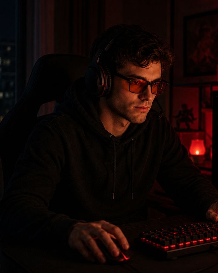 A man at a dark gaming desk lit only by red keyboard light, wearing the red-lensed glasses