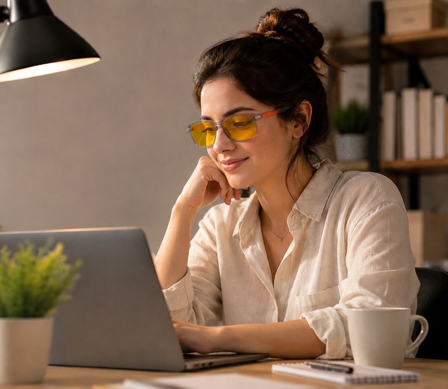 A woman at her desk at night wearing the amber-lensed glasses, working by lamplight